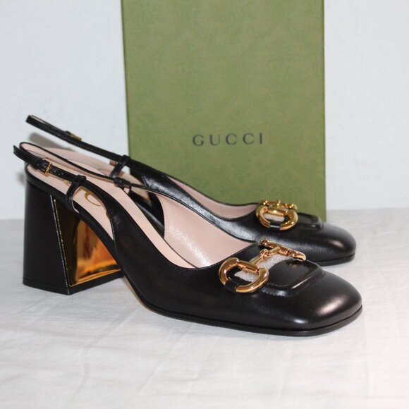 NWB Gucci GG Slingback Horsebit Pumps Chunk Heel Heels Black 41.5 643892 - Picture 1 of 7